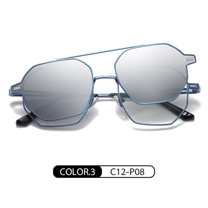 Zirosat Unisex Full Rim Polygon Round Alloy Eyeglasses Clip On Sunglasses CG8801 Clip On Sunglasses Zirosat silver  