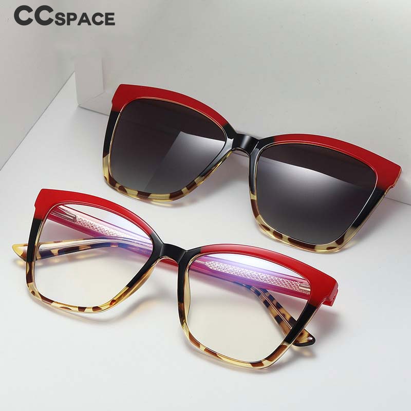 CCSpace Women's Full Rim Square Cat Eye Tr 90 Titanium Eyeglasses With Clip on Sunglasses 55112 Clip On Sunglasses CCspace   