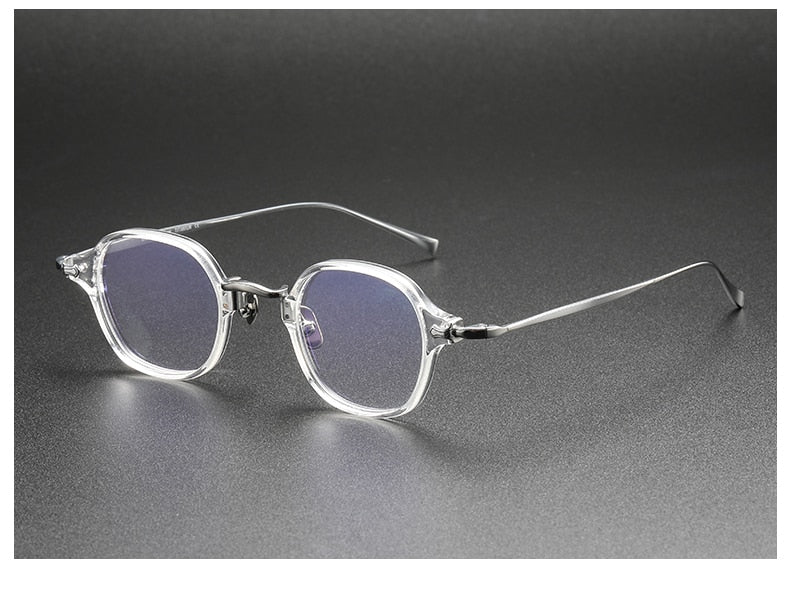 Muzz Men's Full Rim Small Round Acetate Titanium Eyeglasses 183 Full Rim Muzz Transparent Silver  
