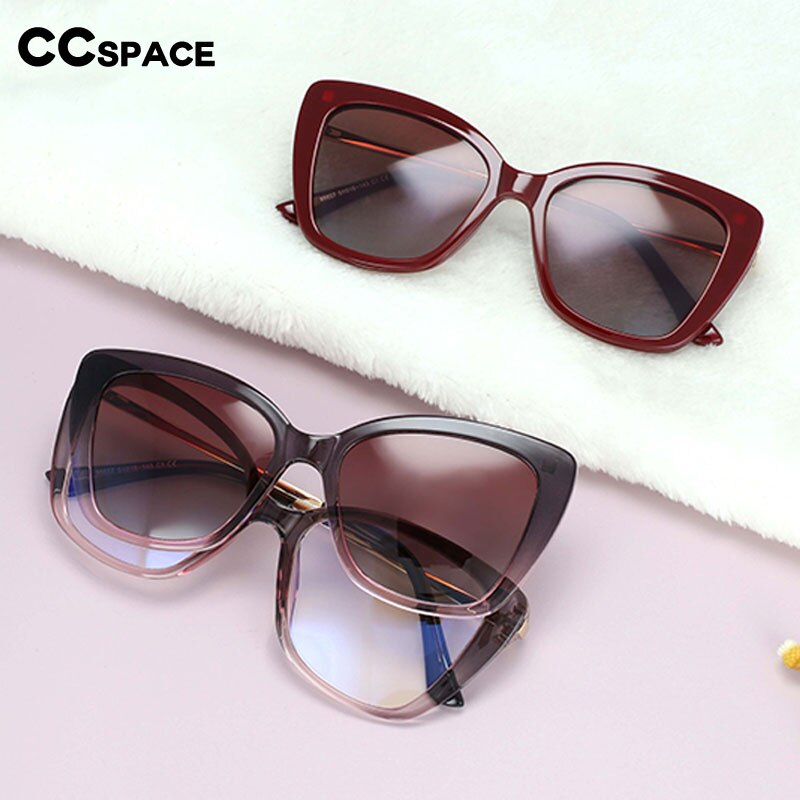 CCspace Women's Full Rim Rectangle Cat Eye Tr 90 Titanium Eyeglasses Clip On Sunglasses 53851 With Clip Ons CCspace   