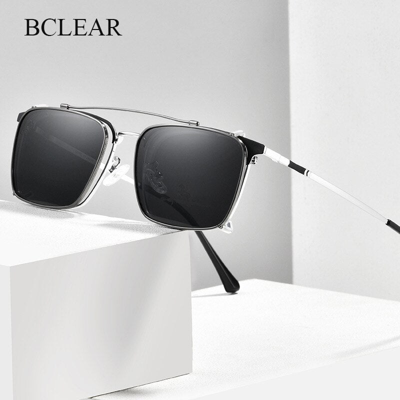Bclear Men's Full Rim Square Alloy Frame Eyeglasses With Clip On Polarized Sunglasses Zt95004 Full Rim Bclear   