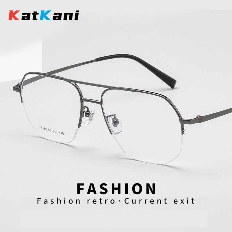 KatKani Men's Semi Rim Big Flat Top Round Alloy Eyeglasses 5335t Semi Rim KatKani Eyeglasses   