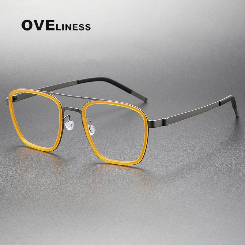 Oveliness Unisex Full Rim Square Double Bridge Titanium Eyeglasses 9708 Full Rim Oveliness yellow gun  