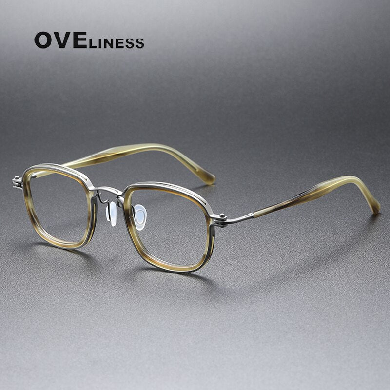 Oveliness Unisex Full Rim Round Square Acetate Titanium Eyeglasses 5863 Full Rim Oveliness tortoise yellow gun  