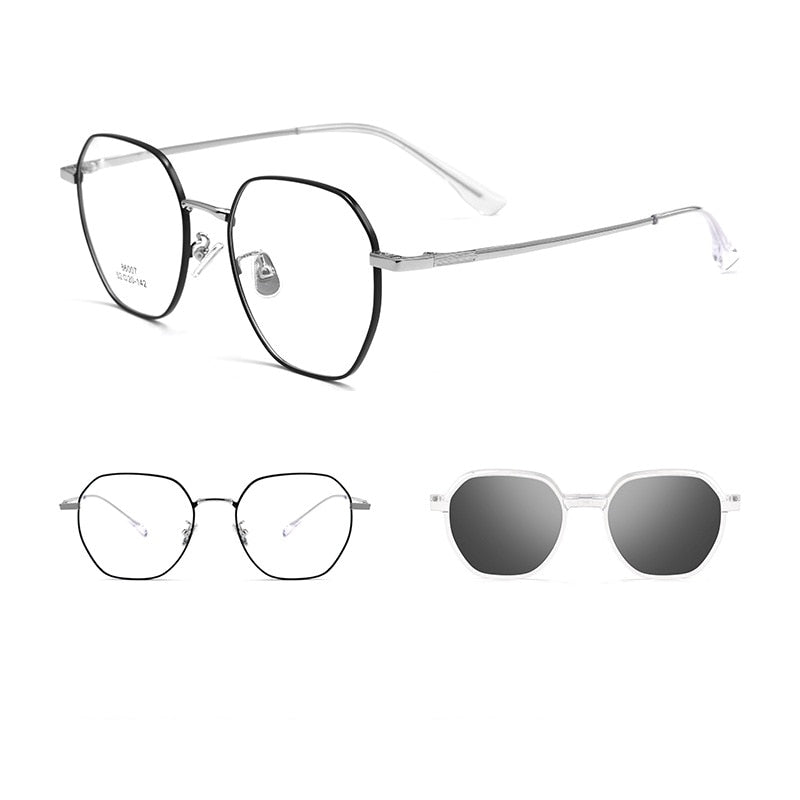KatKani Unisex Full Rim Polygonal Alloy Eyeglasses With Clip On Polarized Sunglasses 86007 Clip On Sunglasses KatKani Eyeglasses Black Silver  