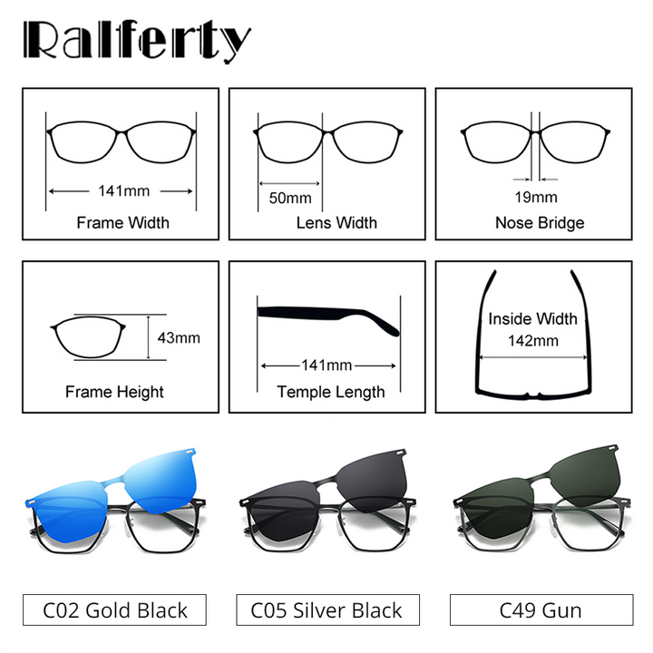 Ralferty Unisex Full Rim Square Alloy Acetate Eyeglasses With Clip On Polarized Sunglasses D8201 Clip On Sunglasses Ralferty   