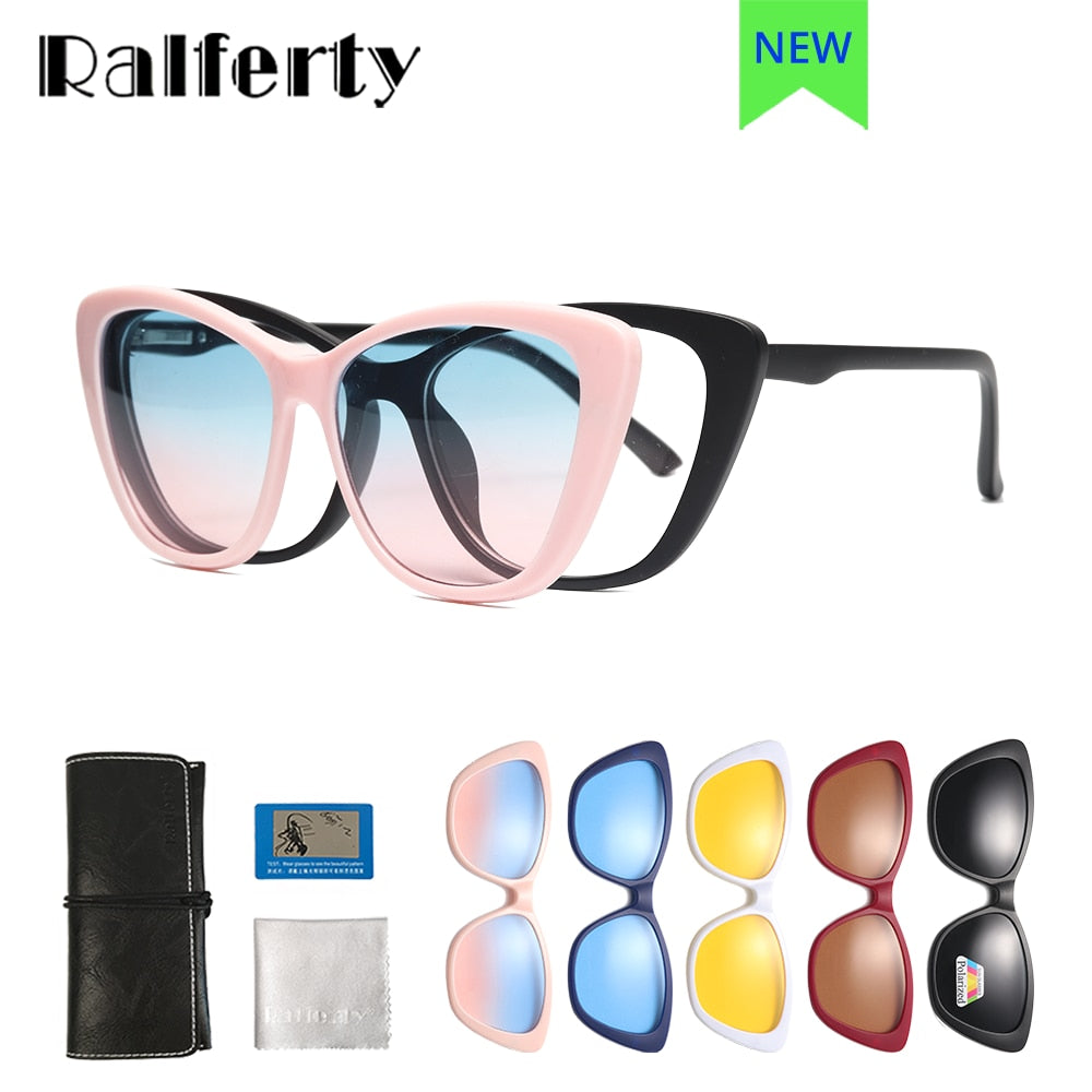 Ralferty Women's Full Rim Square Cat EyeTr 90 Acetate Eyeglasses With Clip On Sunglasses TR2345 With Clip Ons Ralferty   