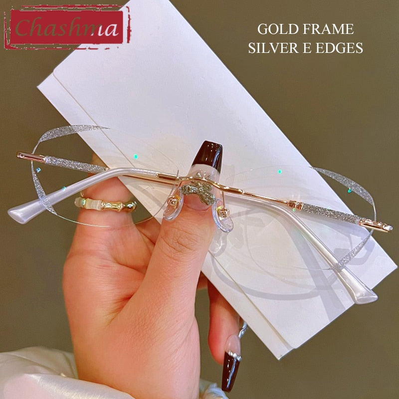 Chashma Women's Rimless Rectangle Titanium Glitter Edge Lens Eyeglasses 88606 Rimless Chashma Gold Transparent  