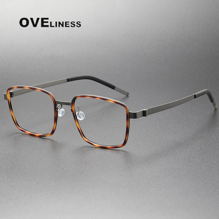 Oveliness Unisex Full Rim Square Screwless Acetate Titanium Eyeglasses 9754 Full Rim Oveliness tortoise gun  
