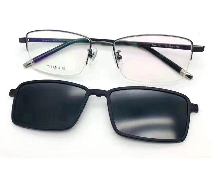 Chashma Ottica Men's Full Rim Square Titanium Eyeglasses With Polarized Sunglass Clip On 7071 Clip On Sunglasses Chashma Ottica Gray  