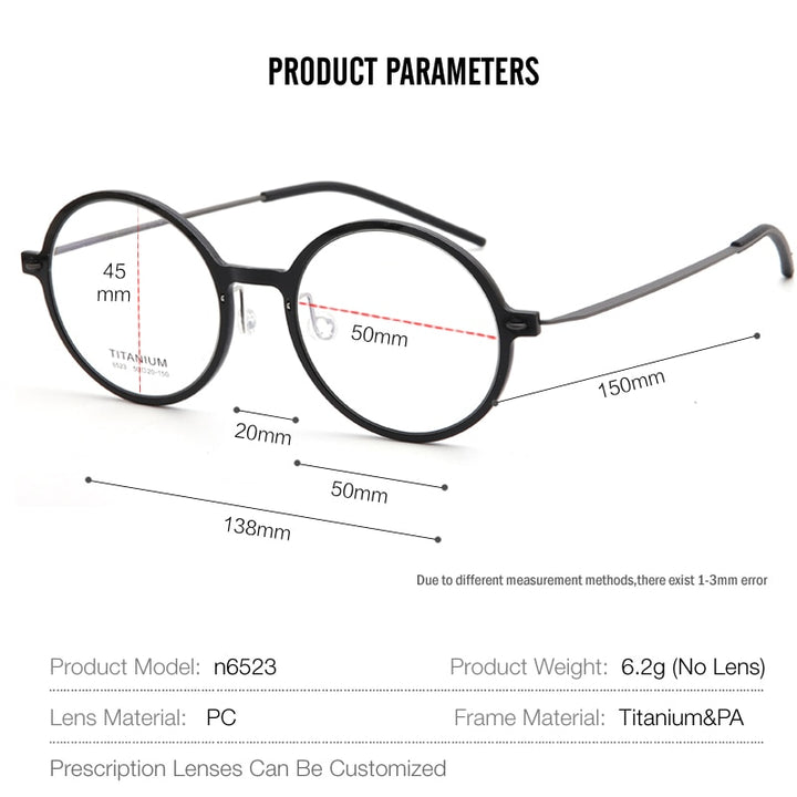 Muzz Unisex Full Rim Round Screwless Handcrafted Acetate IP Titanium Eyeglasses N6523 Full Rim Muzz   