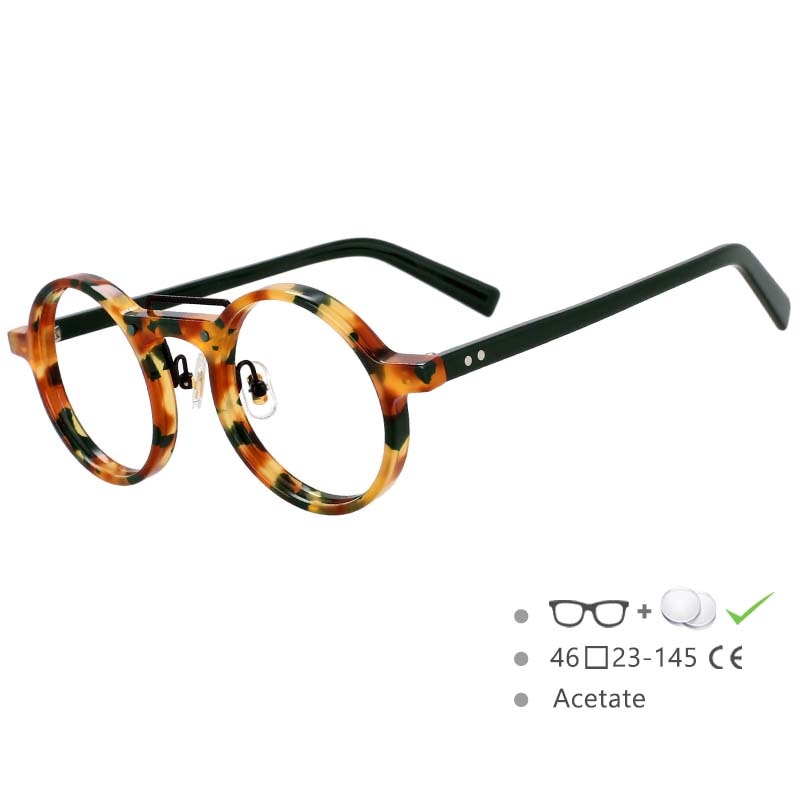 CCspace Unisex Full Rim Round Acetate Alloy Double Bridge Eyeglasses 54554 Full Rim CCspace green-leopard China 