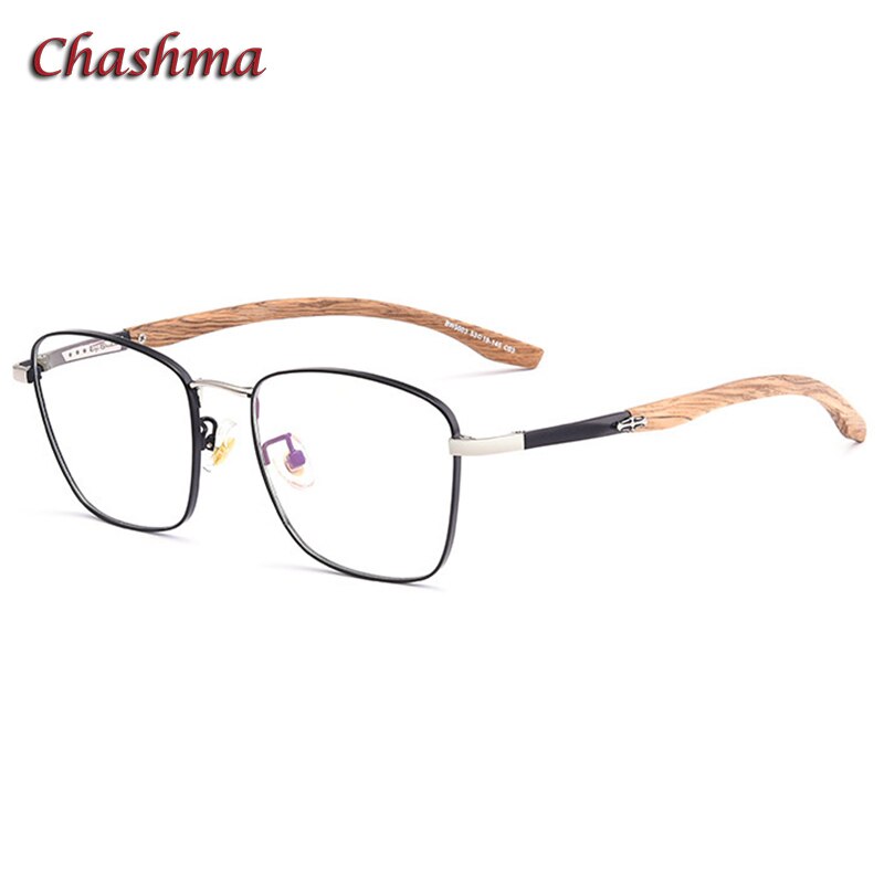 Chashma Unisex Full Rim Square Stainless Steel Frame Wood Temple Eyeglasses Full Rim Chashma Black Silver  