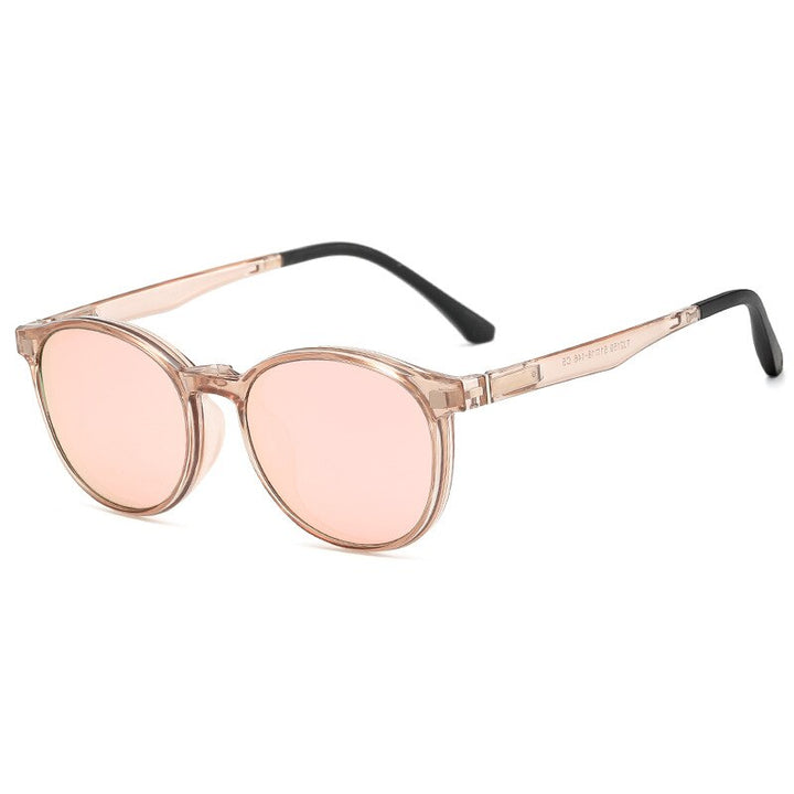 KatKani Unisex Full Rim Round Acetate Eyeglasses Clip On Polarized Sunglasses TJ2159 Sunglasses KatKani Eyeglasses Pink C5  