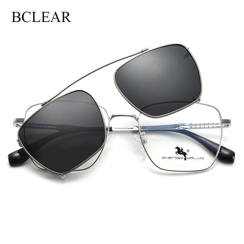 Bclear Men's Full Rim Square Alloy Frame Eyeglasses Clip On Polarized Sunglasses Zt95001 Full Rim Bclear   