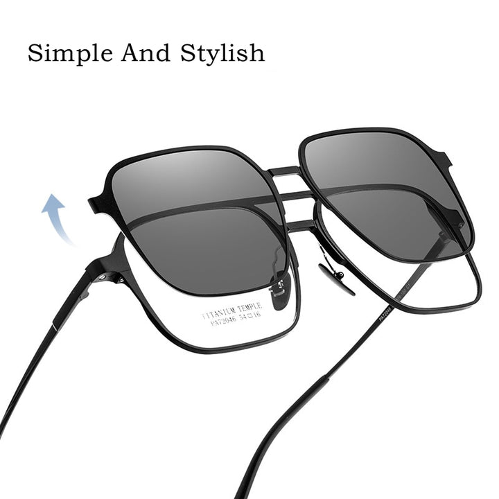 Yimaruili Unisex Full Rim Square Double Bridge Titanium Eyeglasses Clip On Sunglasses P72046 Clip On Sunglasses Yimaruili Eyeglasses   