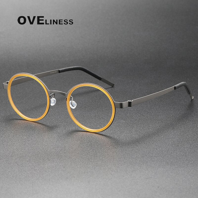 Oveliness Unisex Full Rim Round Acetate Titanium Eyeglasses 9707 Full Rim Oveliness yellow gun  