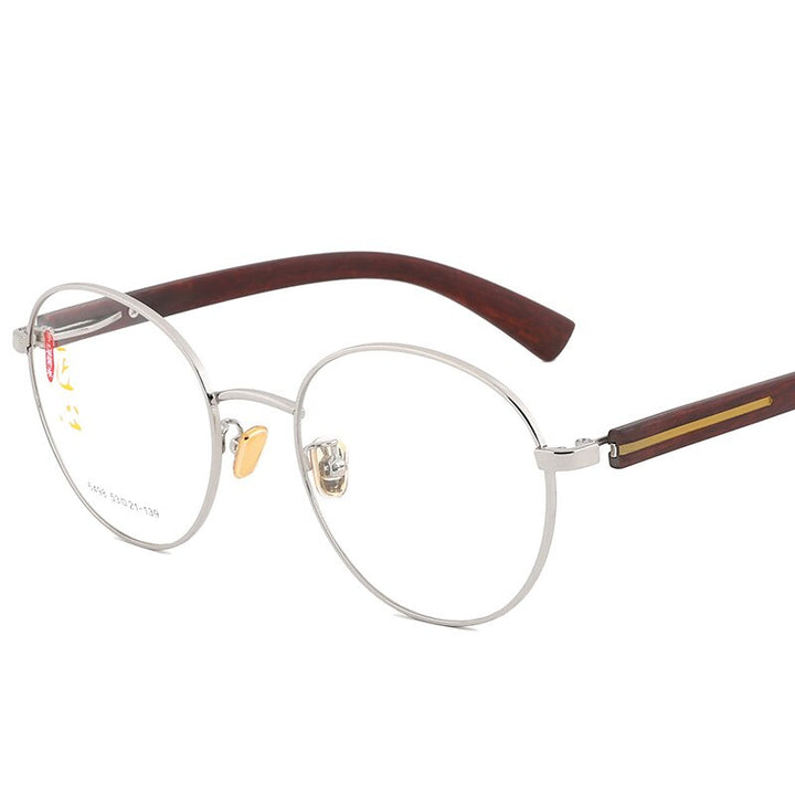 Hdcrafter Unisex Full Rim Oval Alloy Wood Temple Frame Eyeglasses 6498 Full Rim Hdcrafter Eyeglasses Silver  