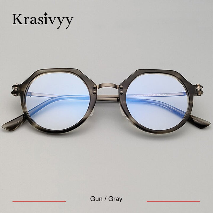 Krasivyy Unisex Full Rim Flat Top Round Titanium Acetate Eyeglasses Rlt5882 Full Rim Krasivyy Gun Gray CN 