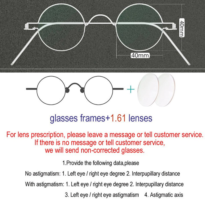 Yujo Unisex Full Rim Round Handcrafted Stainless Steel Customized Lens/ Diameter Eyeglasses Full Rim Yujo 40mm China 