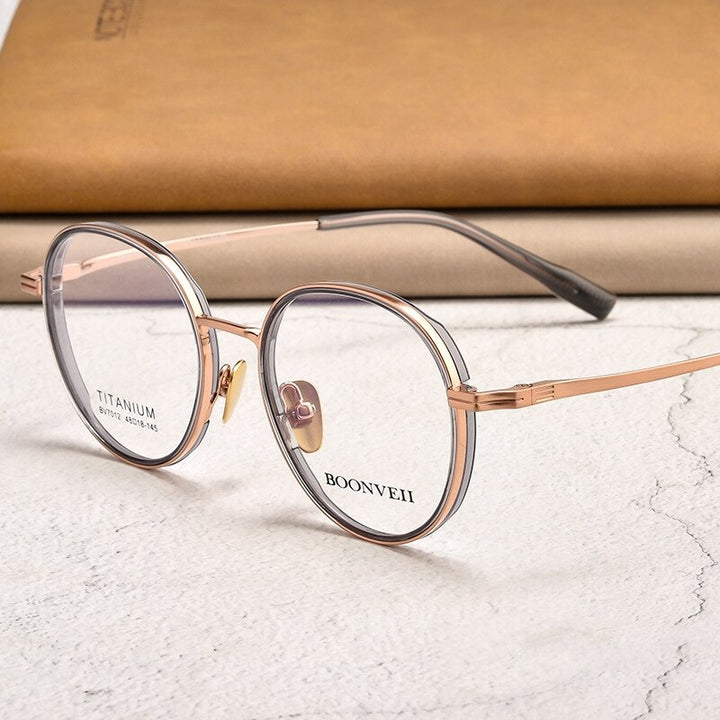 Yimaruili Unisex Full Rim Small Round Tr 90 Titanium Eyeglasses  Bv7012b Full Rim Yimaruili Eyeglasses Gray Rose Gold  