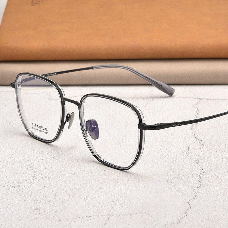 Yimaruili Unisex Full Rim Square Acetate Titanium Eyeglasses Bv7011b Full Rim Yimaruili Eyeglasses Black Gray  
