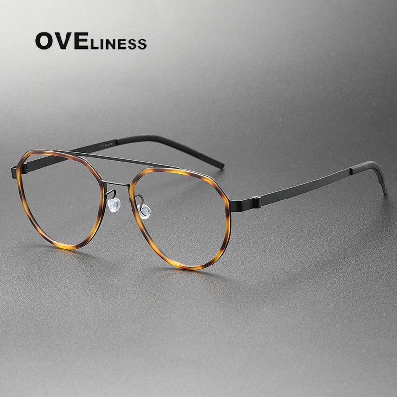Oveliness Unisex Full Rim Round Double Bridge Acetate Titanium Eyeglasses 9745 Full Rim Oveliness tortoise black  