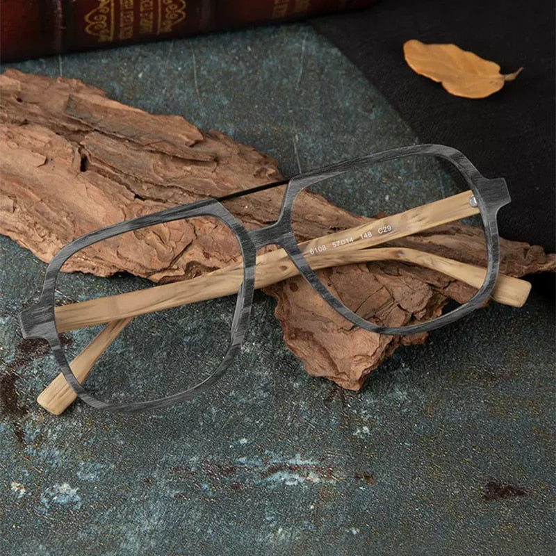 Hdcrafter Men's Full Rim Oversized Square Double Bridge Wood Alloy Eyeglasses Full Rim Hdcrafter Eyeglasses   