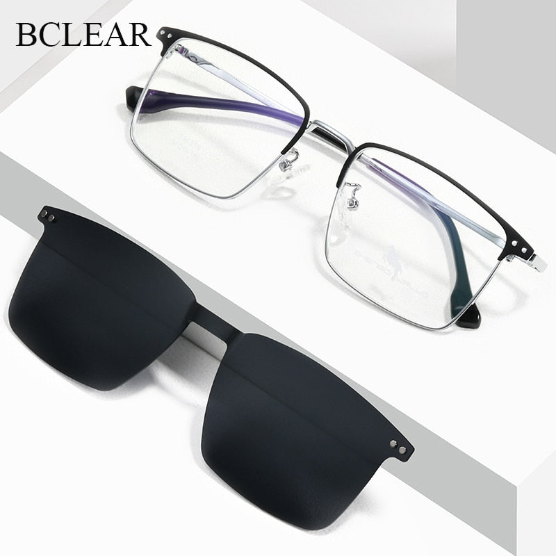 Bclear Men's Full Rim Square Alloy Frame Eyeglasses With Clip On Polarized Sunglasses Zt94016 Full Rim Bclear   