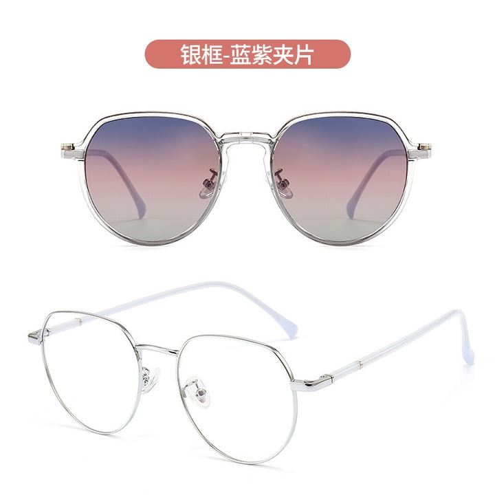 Kansept Women's Full Rim Round Cat Eye Alloy Eyeglasses Clip On Sunglasses Clip On Sunglasses Kansept Silver- blue purple CN Other
