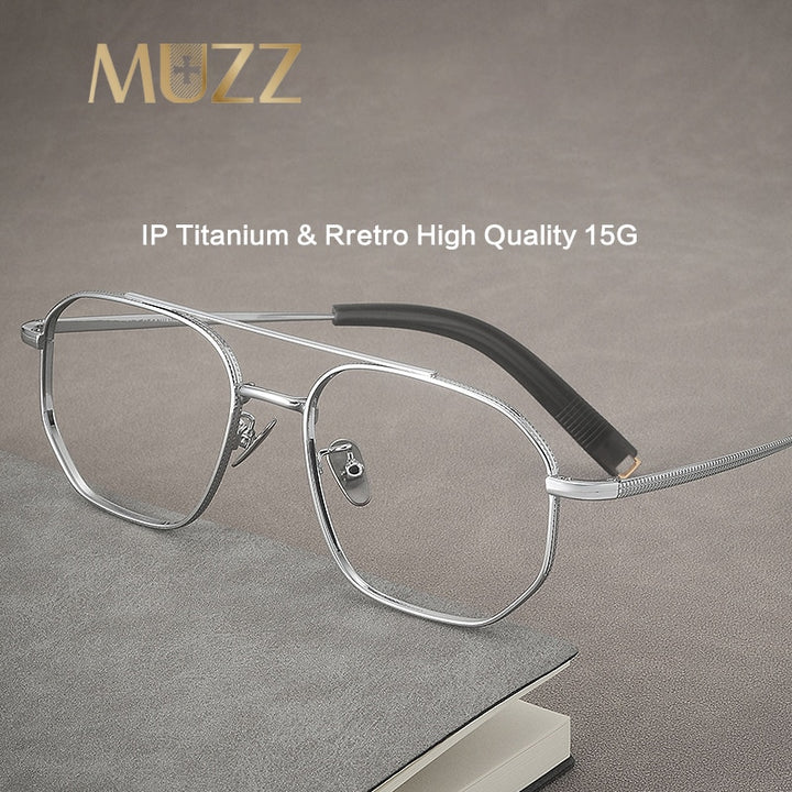Muzz Unisex Full Rim Large Oval Square Double Bridge Hand Crafted Titanium Eyeglasses 7518 Full Rim Muzz   