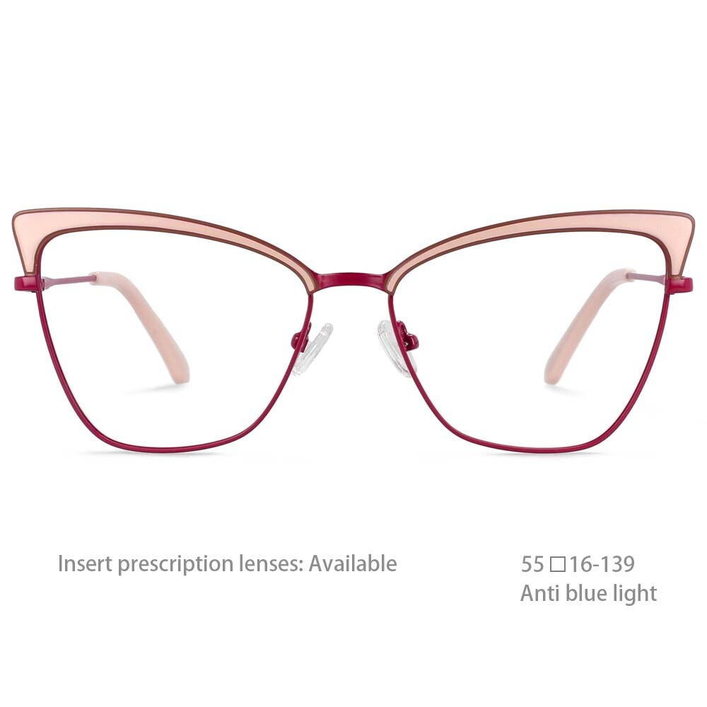 CCSpace Women's Full Rim Butterfly Cat Eye Alloy Frame Eyeglasses 54527 Full Rim CCspace China red-pink 