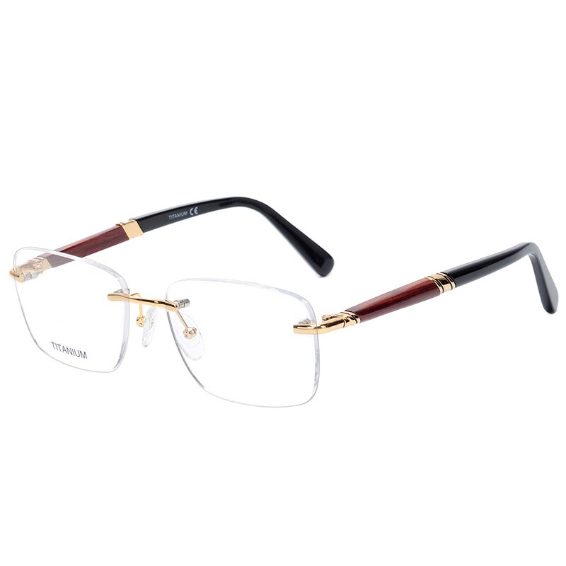 Hdcrafter Men's Rimless Square Rose Wood Temple Titanium Eyeglasses Ls01 Rimless Hdcrafter Eyeglasses Default Title  
