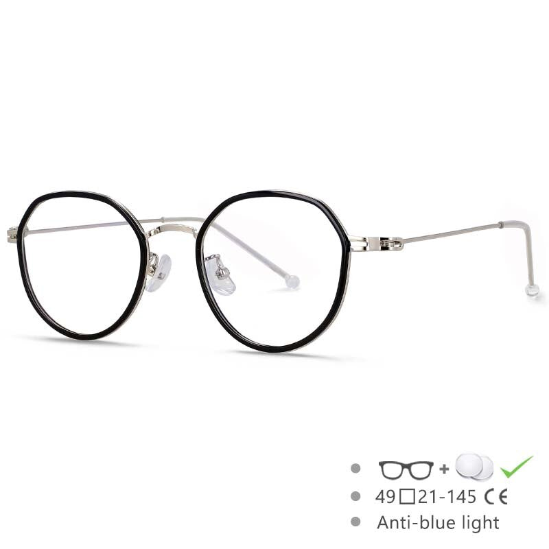 CCspace Unisex Full Rim Irregular Round Tr 90 Titanium Eyeglasses 53262 Full Rim CCspace China Black silver 