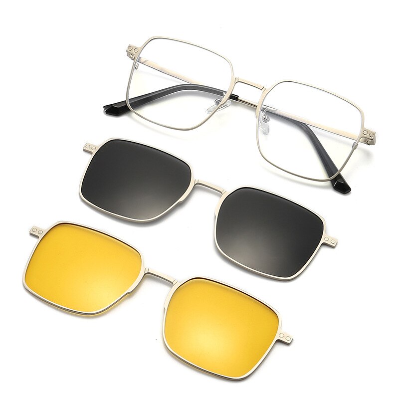 Hdcrafter Men's Full Rim Square Alloy Eyeglasses Clip On Polarized Sunglasses 7013 Clip On Sunglasses Hdcrafter Eyeglasses Silver Frame  