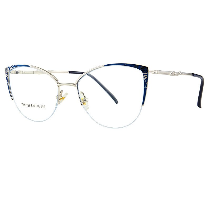 Yimaruili Women's Semi Rim Square Cat Eye Acetate Alloy Eyegllasses 87198 Semi Rim Yimaruili Eyeglasses Blue Silver C2  