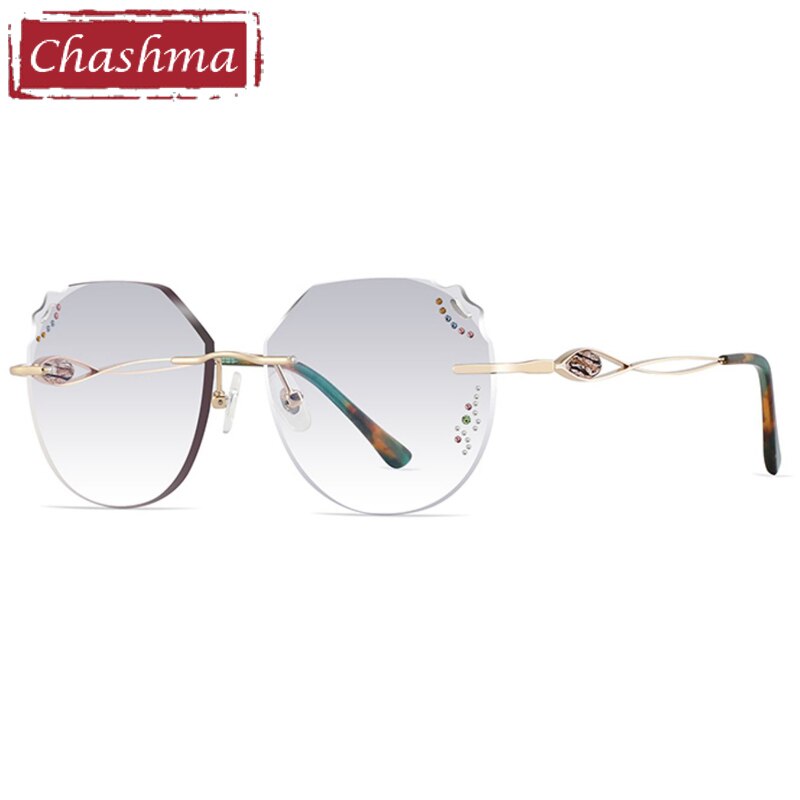 Chashma Women's Rimless Diamond Cut Titanium Round Frame Eyeglasses 8099 Rimless Chashma Gold Gray  