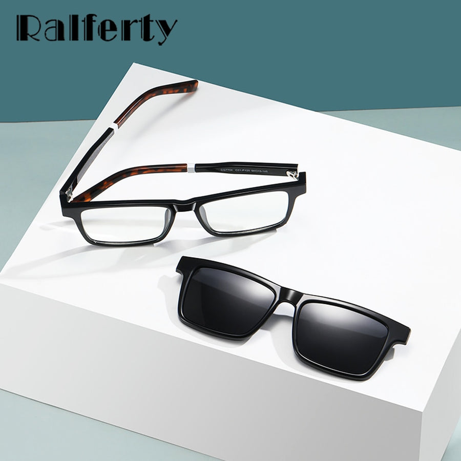 Ralferty Men's Full Rim Rectangle Tr 90 Acetate Eyeglasses With Clip On Polarized Sunglasses D7703 Clip On Sunglasses Ralferty   