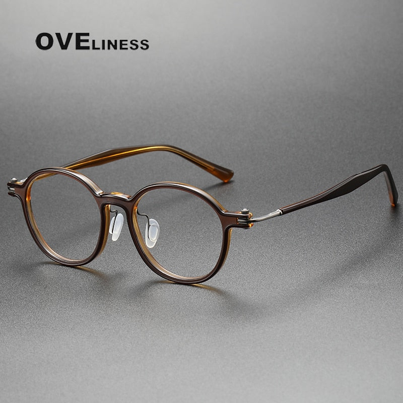 Oveliness Unisex Full Rim Round Square Acetate Titanium Eyeglasses 5883 Full Rim Oveliness brown  