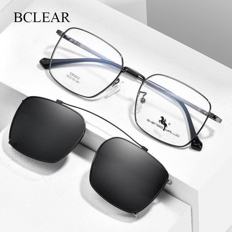 Bclear Men's Full Rim Square Alloy Frame Eyeglasses With Clip On Polarized Sunglasses Zt95002 Full Rim Bclear   