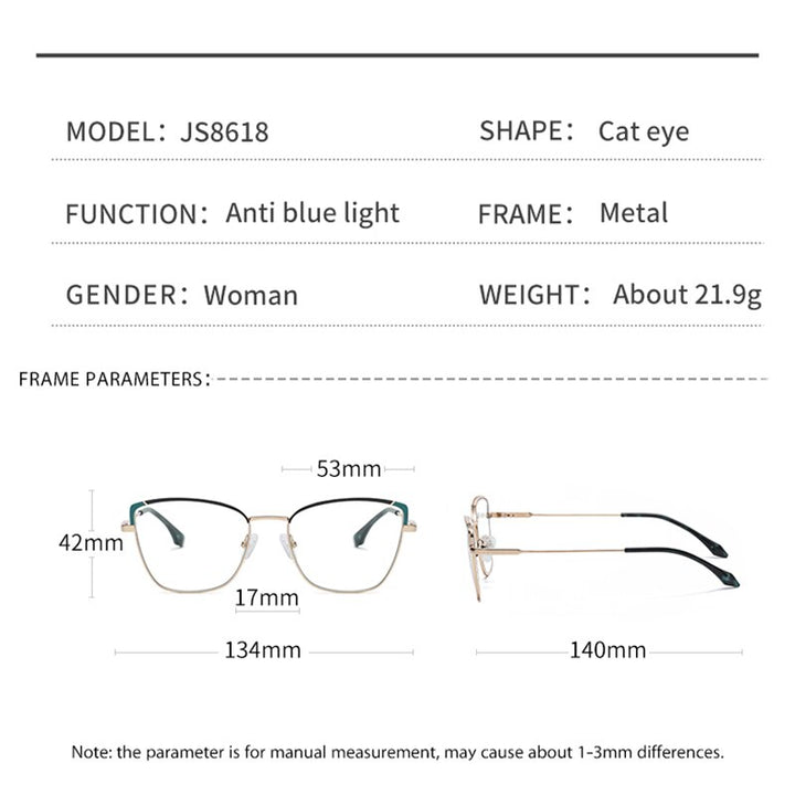 Zirosat Women's Full Rim Square Cat Eye Alloy Eyeglasses 8618 Full Rim Zirosat   