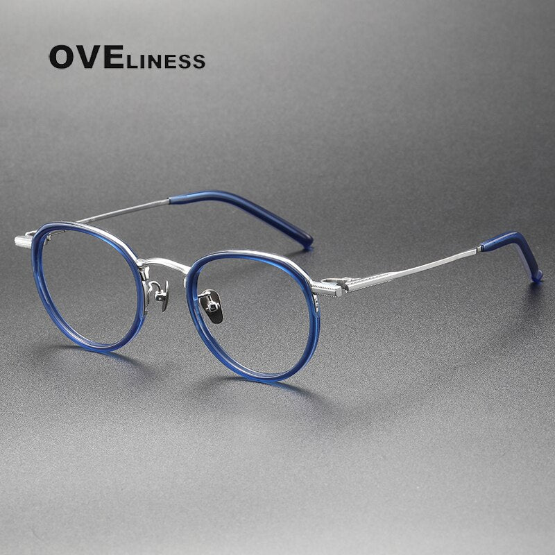 Oveliness Unisex Full Rim Round Acetate Titanium Eyeglasses M43 Full Rim Oveliness blue silver  