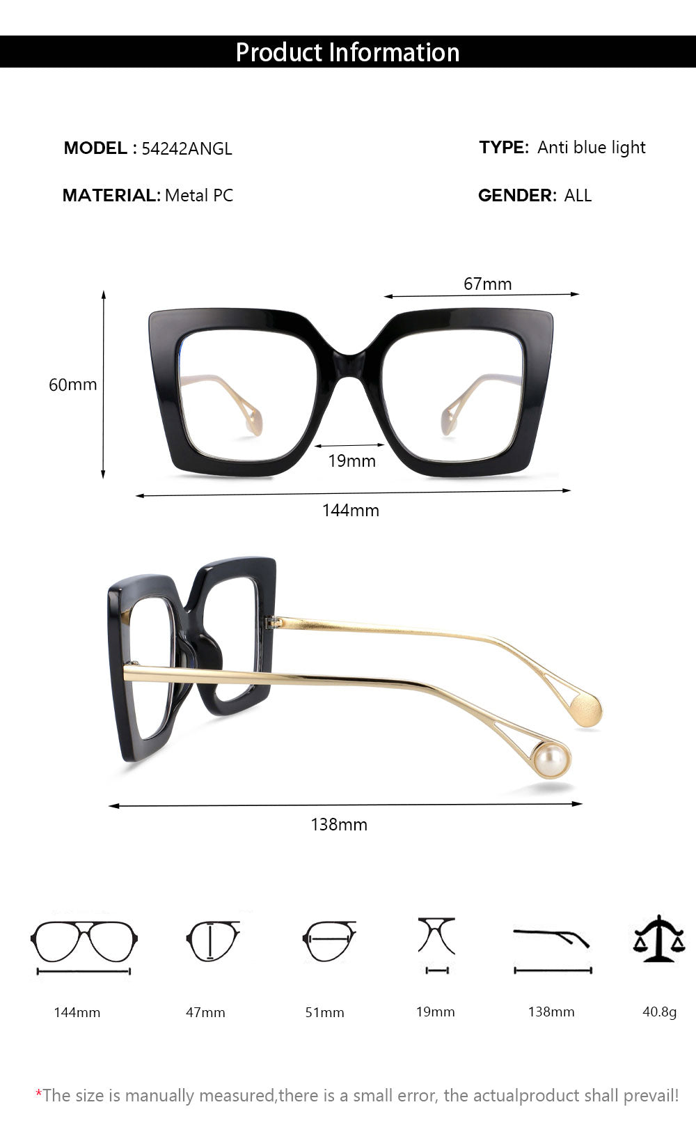 CCSpace Women's Oversized Square Cat Eye Resin Alloy Frame Eyeglasses 54242 Frame CCspace   
