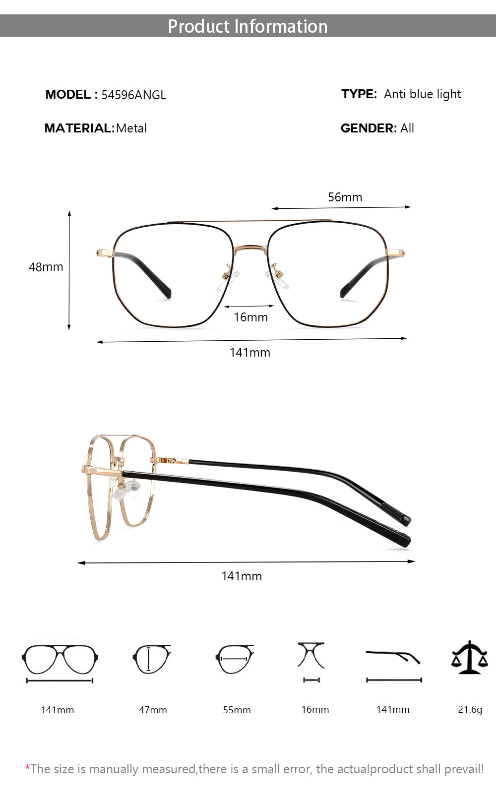 CCspace Unisex Full Rim Oversized Double Bridge Square Alloy Frame Eyeglasses 54596 Full Rim CCspace   