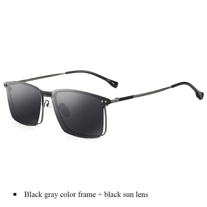 Bclear Men's Full Rim Square Alloy Frame Eyeglasses With Clip On Polarized Sunglasses Zt94016 Sunglasses Bclear Black gray frame  