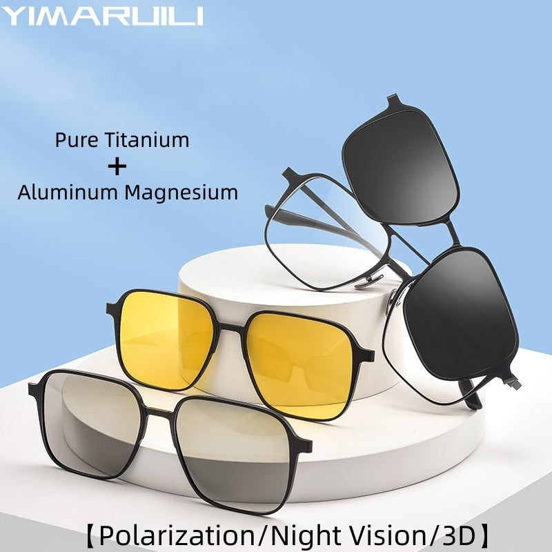 Yimaruili Unisex Full Rim Square  Aluminum Magnesium Titanium Eyeglasses Clip On Sunglasses 9908 With Clip Ons Yimaruili Eyeglasses   