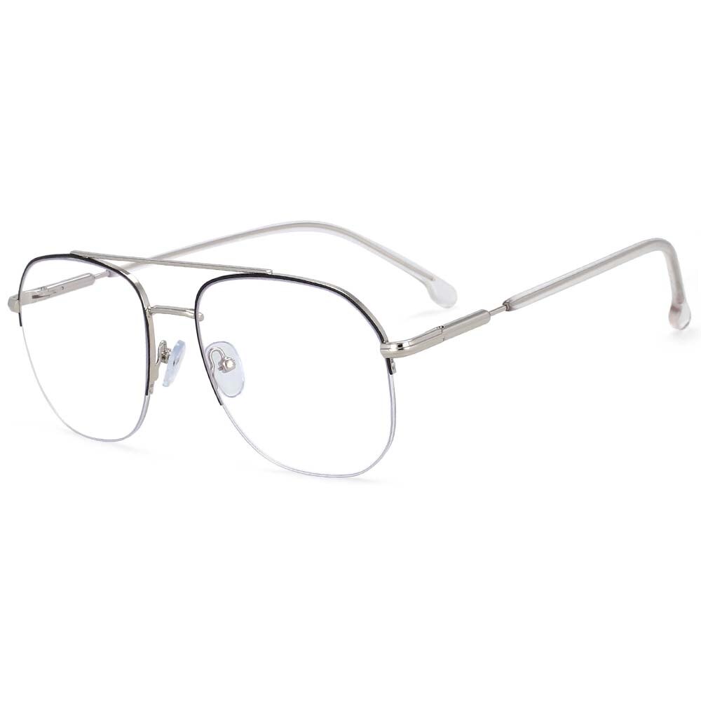 CCspace Women's Semi Rim Round Square Alloy Double Bridge Frame Eyeglasses 54342 Semi Rim CCspace Silver-Black China 