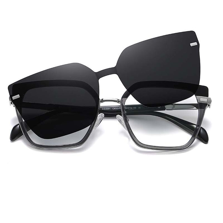 CCSpace Full Rim Square Cat Eye Tr 90 Titanium Eyeglasses With Clip On Sunglasses 54894 Clip On Sunglasses CCspace BlackGray 54894 