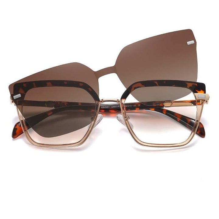 CCSpace Full Rim Square Cat Eye Tr 90 Titanium Eyeglasses With Clip On Sunglasses 54894 Clip On Sunglasses CCspace LeopardTea 54894 
