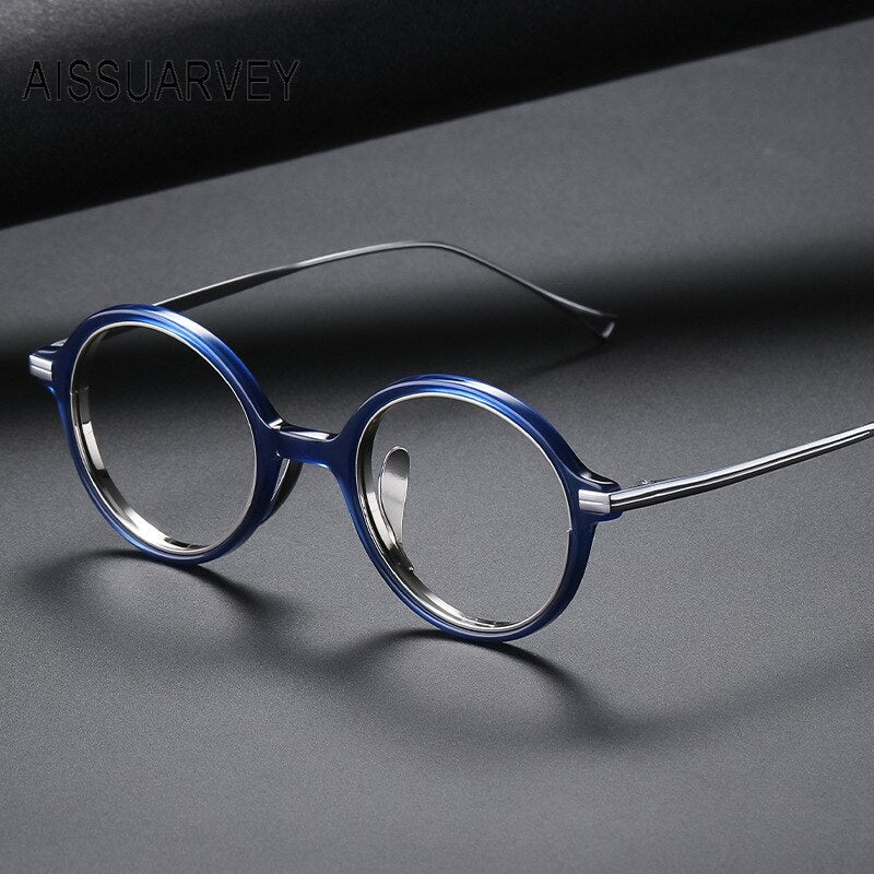 Aissuarvey Unisex Eyeglasses Small Round Acetate Titanium Ip Full Rim 12.2g Full Rim Aissuarvey Eyeglasses Blue CN 